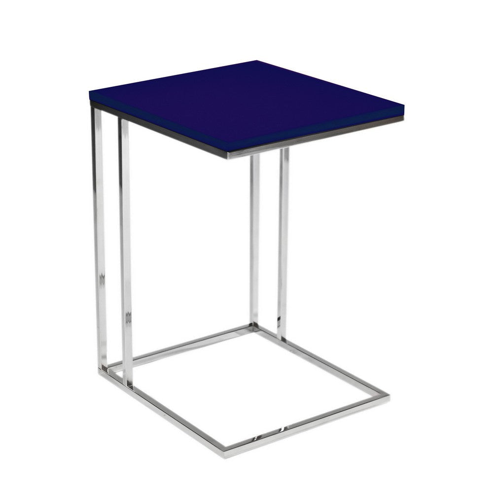 Zen 23 Inch Side Table Rectangular Tray Top C Shape Chrome Navy Blue By Casagear Home BM316893