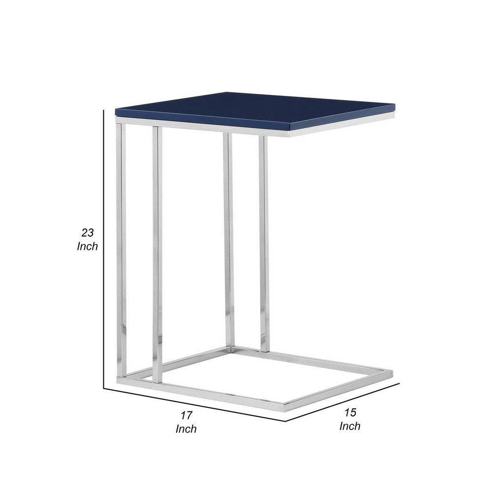 Zen 23 Inch Side Table Rectangular Tray Top C Shape Chrome Navy Blue By Casagear Home BM316893