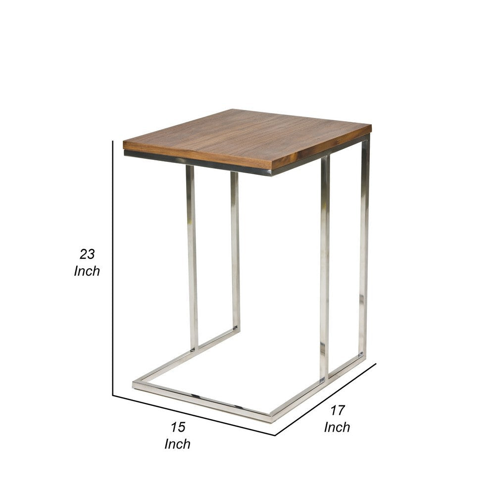 Zen 23 Inch Side Table Rectangular Tray Top C Shape Chrome Walnut Brown By Casagear Home BM316895