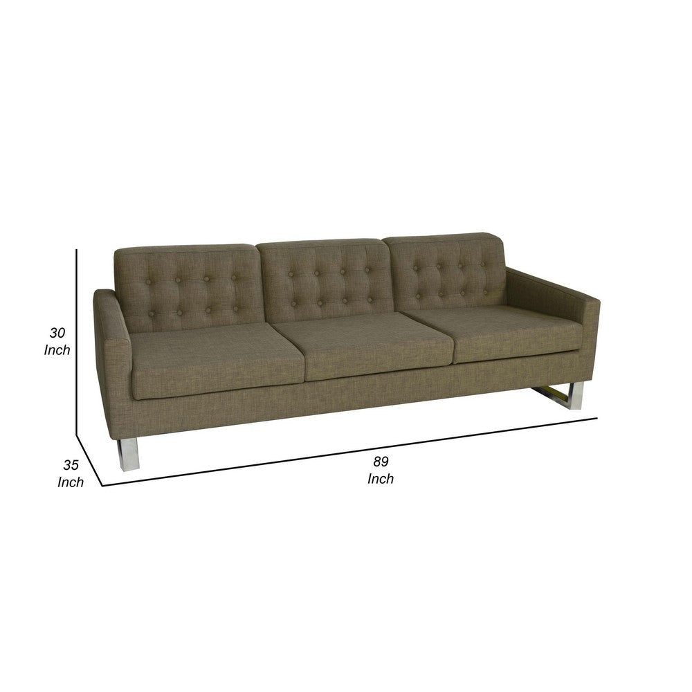 Loe 89 Inch Sofa Modern Tufted Seat Metal Legs Brown Fabric Upholstery By Casagear Home BM316903