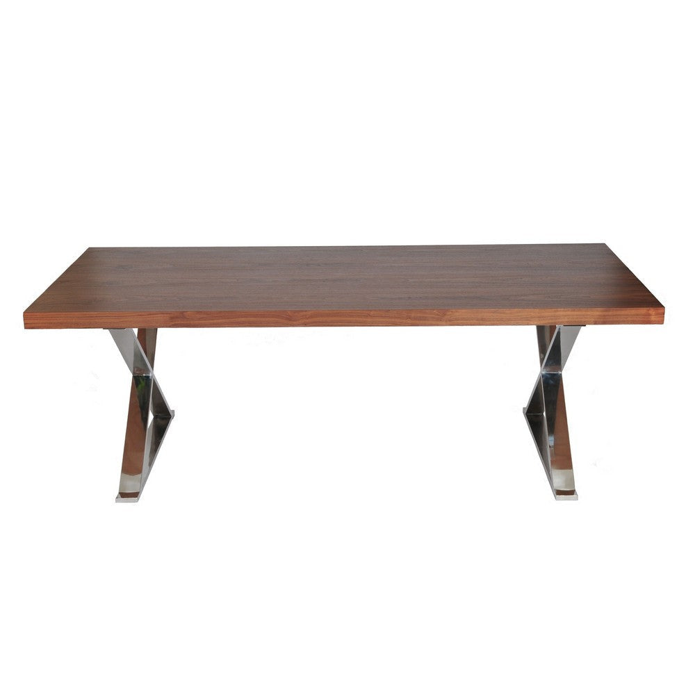 Rix 87 Inch Dining Table, X Chrome Legs, Walnut Brown Rectangular Wood Top By Casagear Home