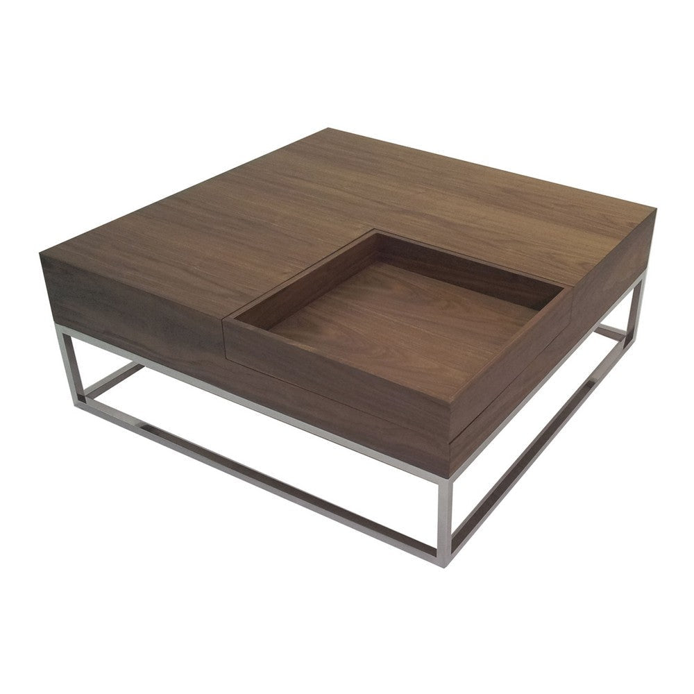 Rina 35 Inch Coffee Table Removable Square Wood Tray Storage Steel Base By Casagear Home BM316911