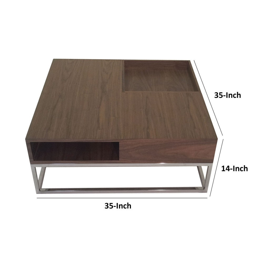 Rina 35 Inch Coffee Table Removable Square Wood Tray Storage Steel Base By Casagear Home BM316911