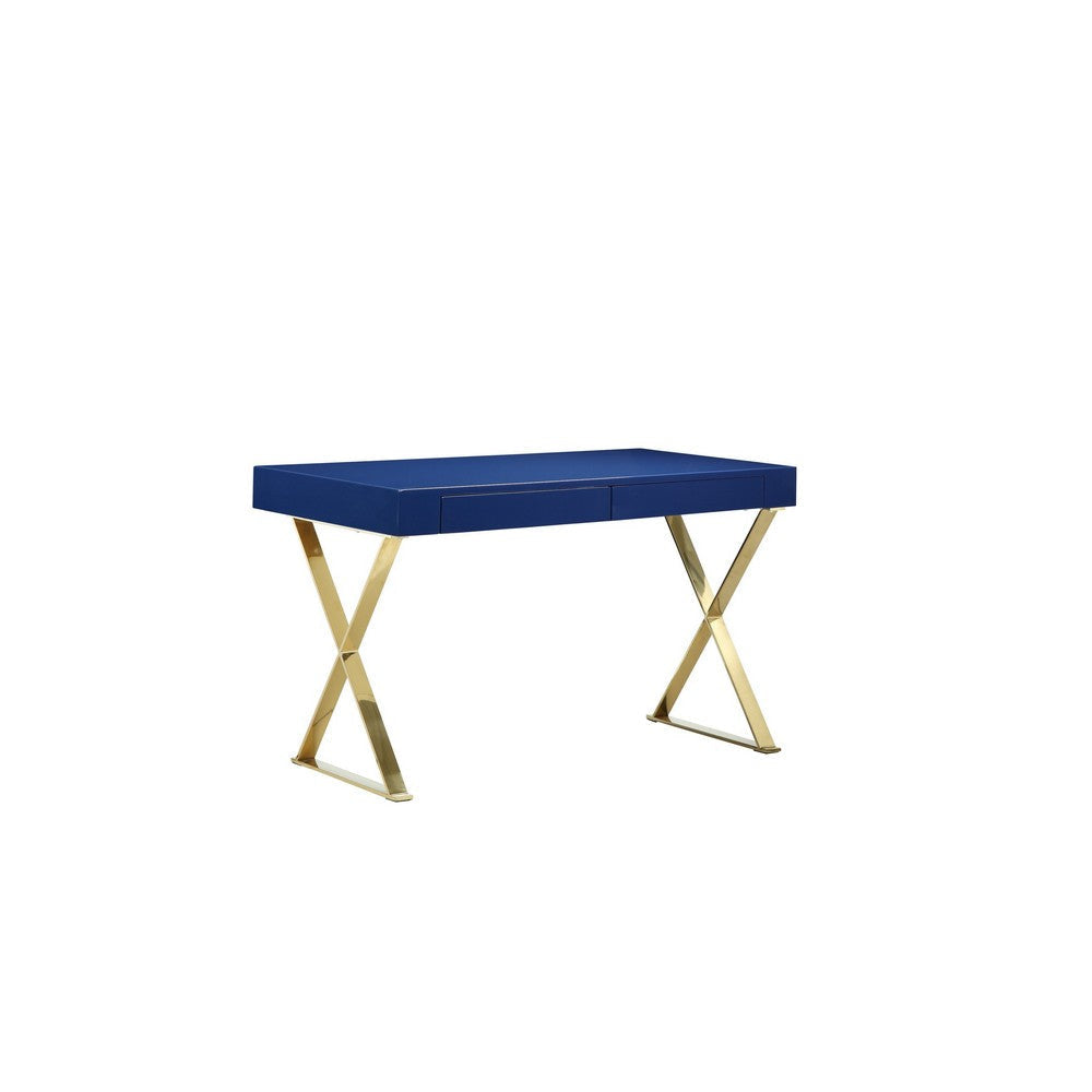 Rix 47 Inch Office Desk, 2 Drawers, X Cross Legs, Gold Steel, Blue Lacquer By Casagear Home