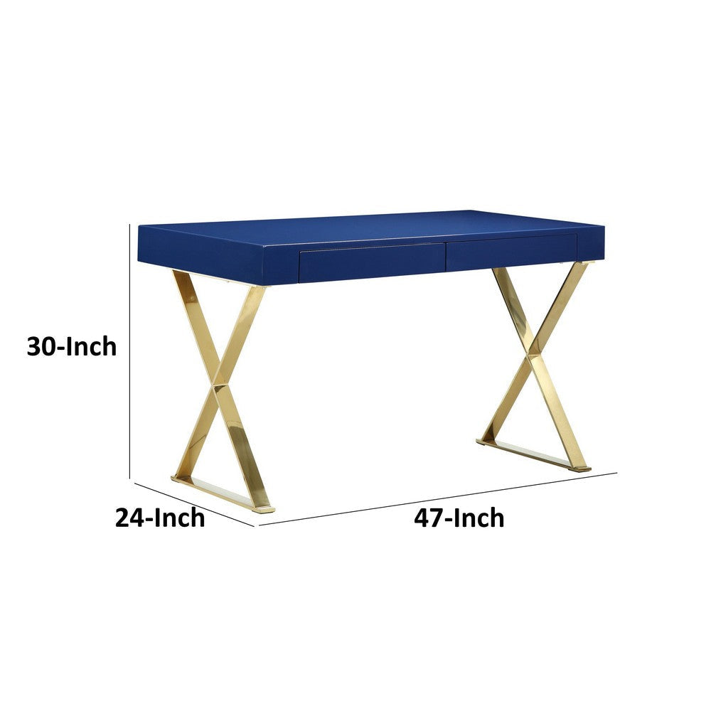 Rix 47 Inch Office Desk 2 Drawers X Cross Legs Gold Steel Blue Lacquer By Casagear Home BM316924