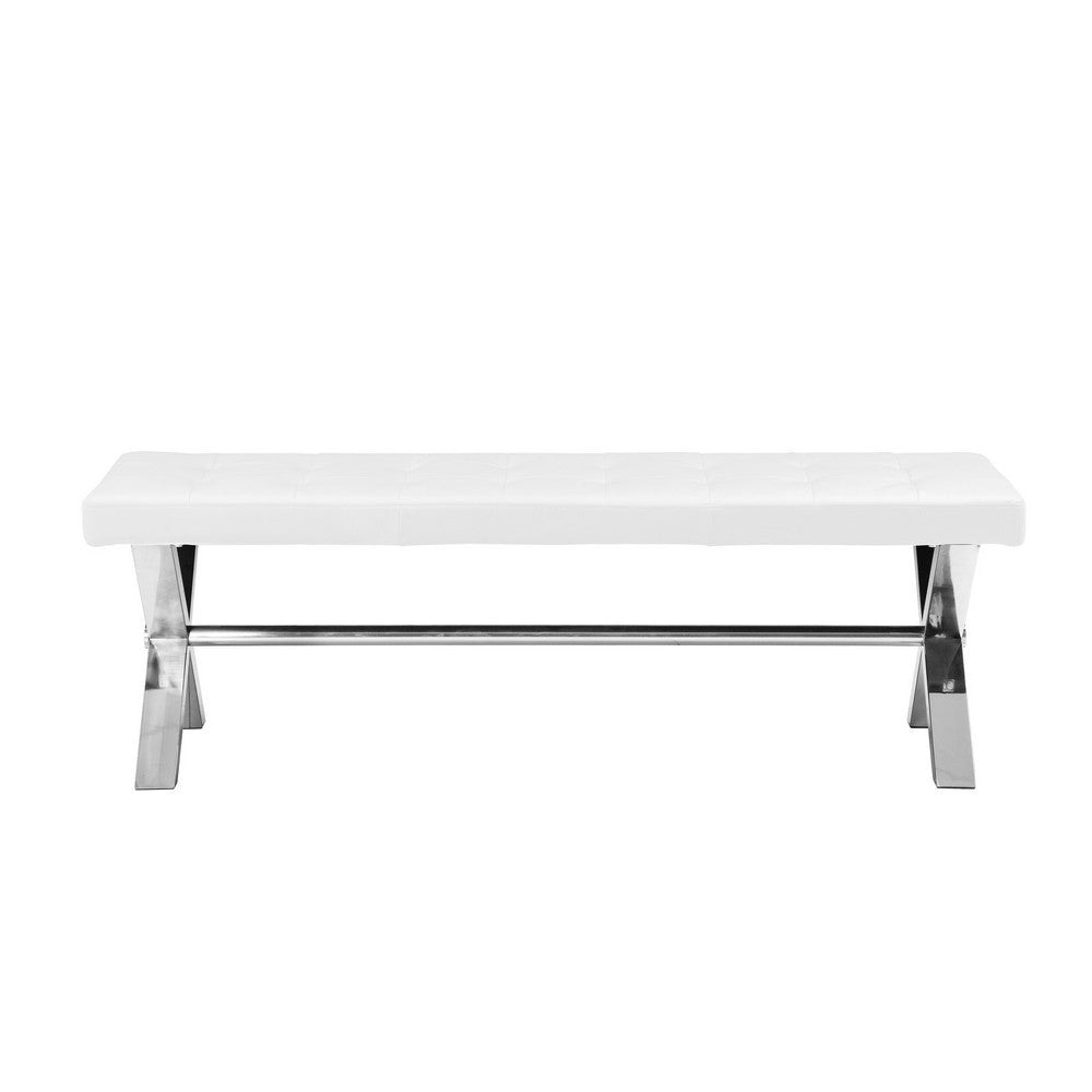 Tia 55 Inch Accent Bench Tufted White Faux Leather X Chrome Steel Legs By Casagear Home BM316927