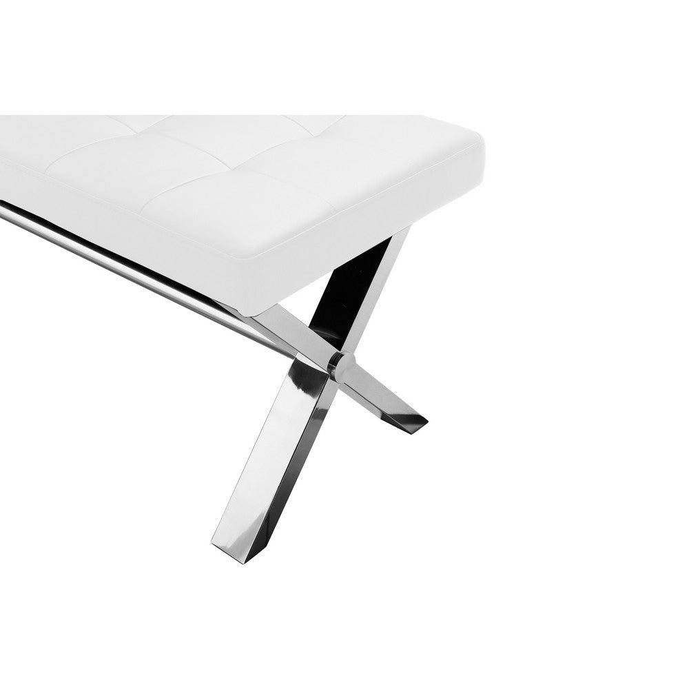 Tia 55 Inch Accent Bench Tufted White Faux Leather X Chrome Steel Legs By Casagear Home BM316927