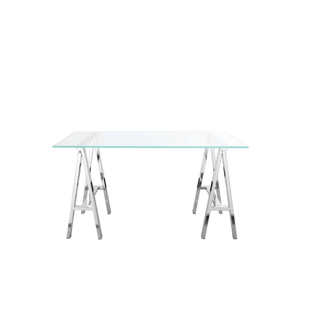 Ayd 71 Inch Office Desk Clear Tempered Glass Top Angled Chrome Steel Base By Casagear Home BM316932