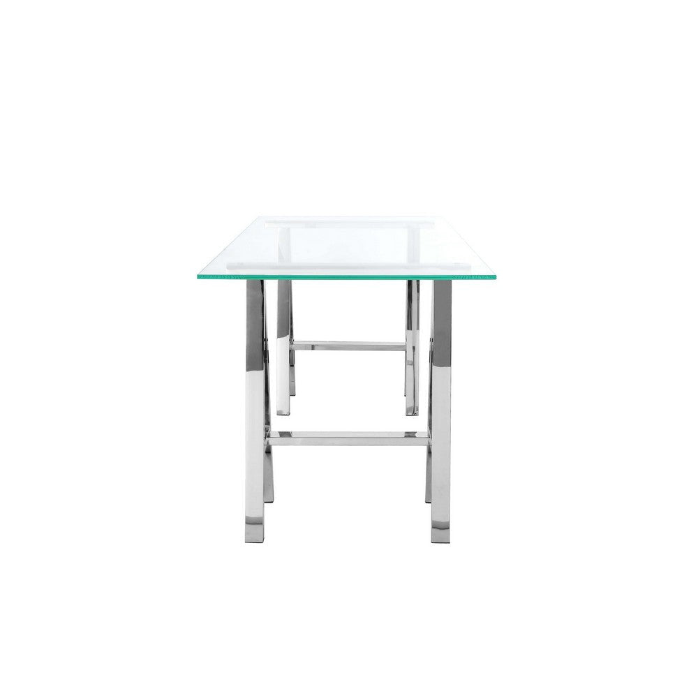 Ayd 71 Inch Office Desk Clear Tempered Glass Top Angled Chrome Steel Base By Casagear Home BM316932