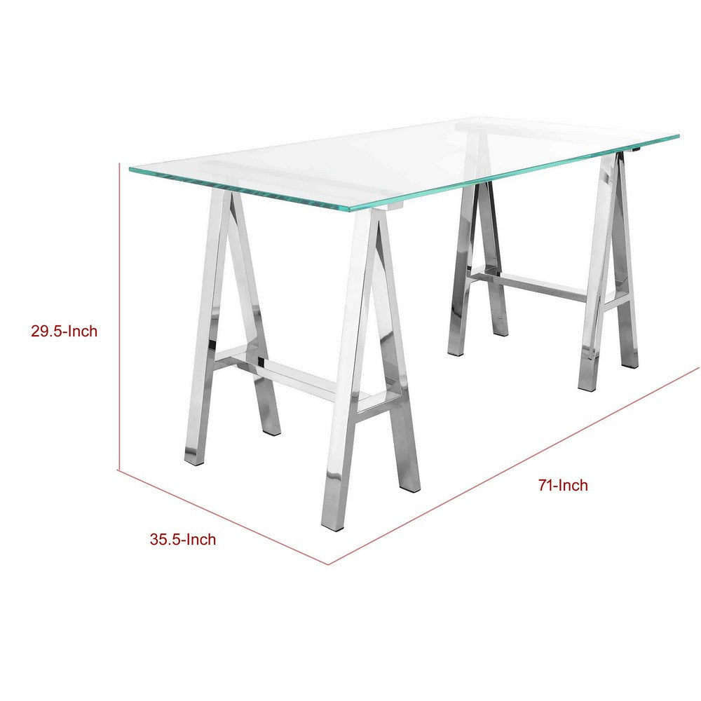 Ayd 71 Inch Office Desk Clear Tempered Glass Top Angled Chrome Steel Base By Casagear Home BM316932