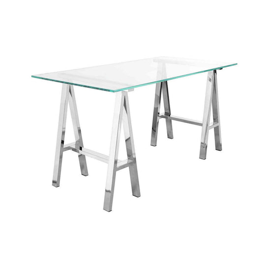 Ayd 71 Inch Office Desk, Clear Tempered Glass Top, Angled Chrome Steel Base By Casagear Home