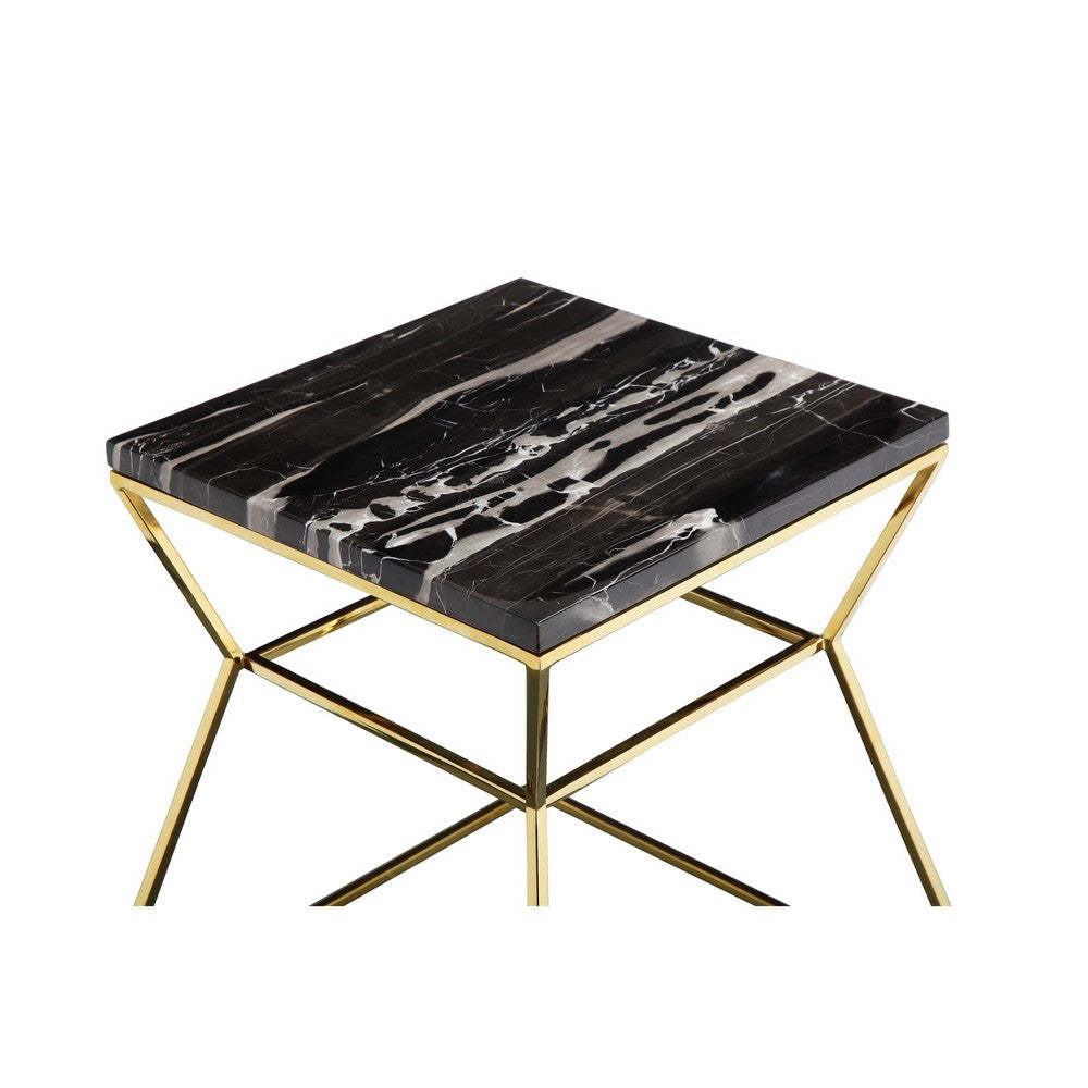 Lio 18 Inch Side End Table Black Marble Top Gold Open Hourglass Frame By Casagear Home BM316937