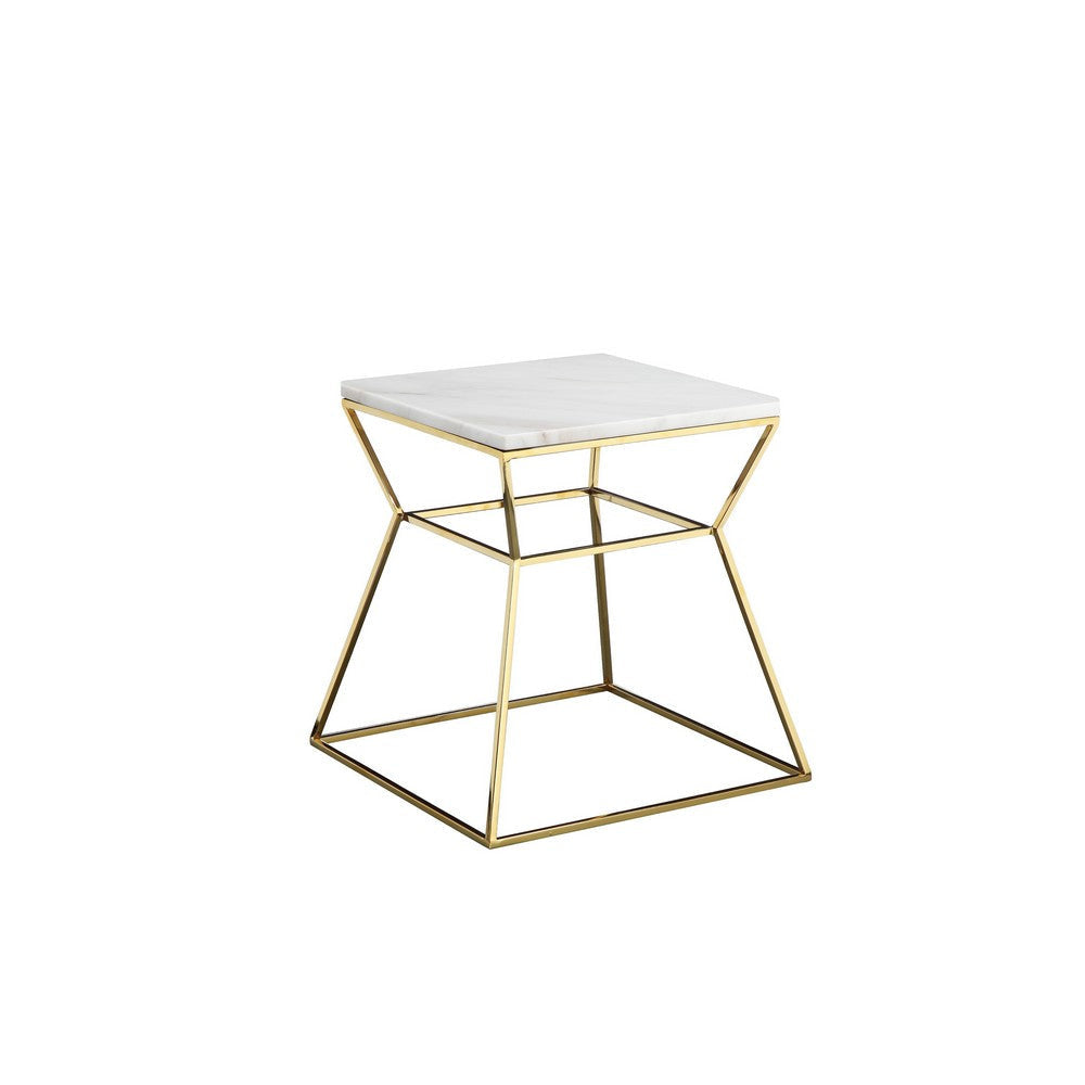 Lio 18 Inch Side End Table White Marble Top Gold Open Hourglass Frame By Casagear Home BM316938