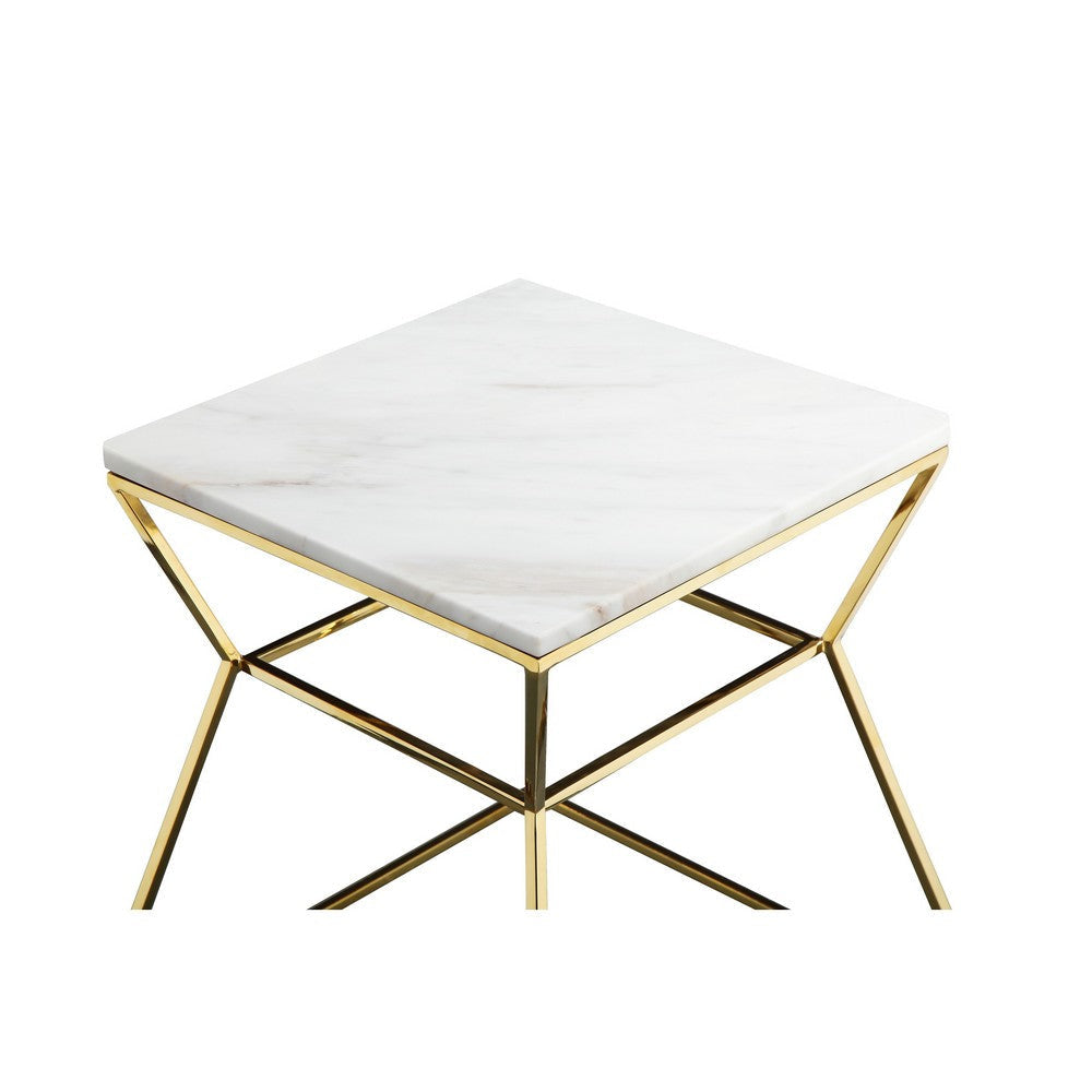 Lio 18 Inch Side End Table White Marble Top Gold Open Hourglass Frame By Casagear Home BM316938