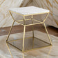 Lio 18 Inch Side End Table, White Marble Top, Gold Open Hourglass Frame By Casagear Home