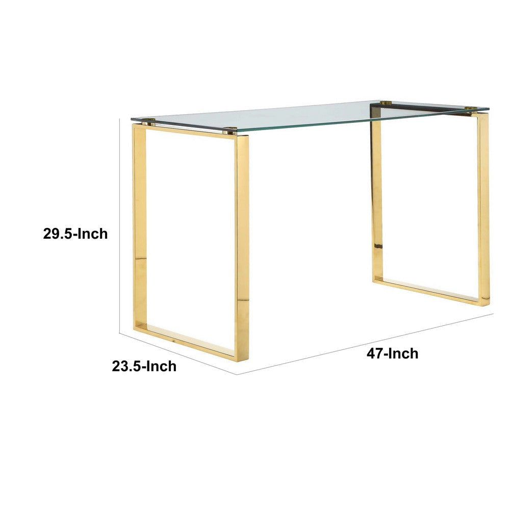 47 Inch Modern Office Desk Clear Tempered Glass Gold Sled Steel Frame By Casagear Home BM316939