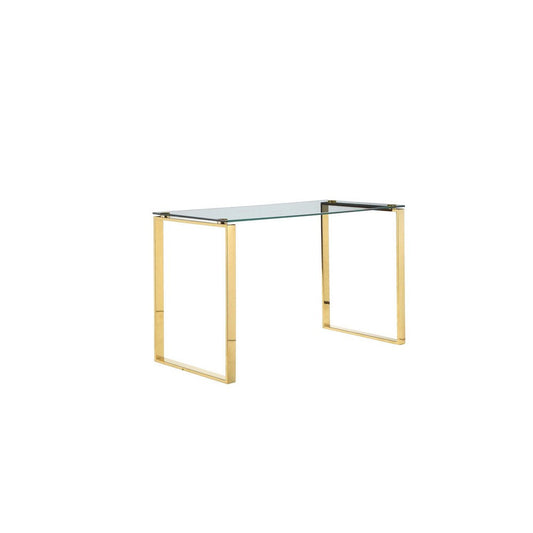 47 Inch Modern Office Desk, Clear Tempered Glass, Gold Sled Steel Frame By Casagear Home