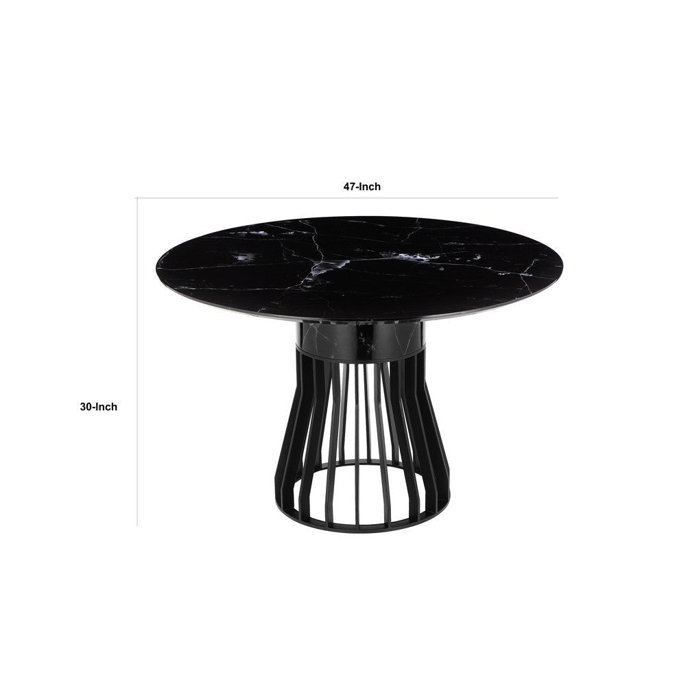 Jett 47 Inch Dining Table Round Marble Top Metal Cage Frame Base Black By Casagear Home BM316941