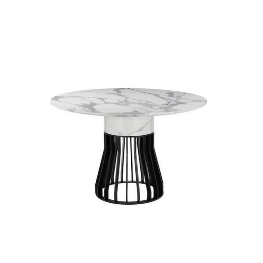 Jett 47 Inch Dining Table, White Round Marble Top, Metal Cage Frame Base By Casagear Home