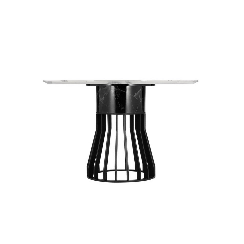 Jett 47 Inch Dining Table White Round Marble Top Metal Cage Frame Base By Casagear Home BM316942