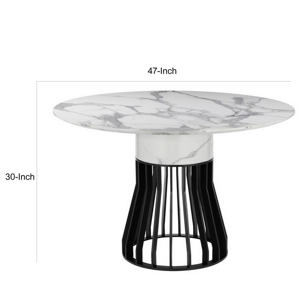 Jett 47 Inch Dining Table White Round Marble Top Metal Cage Frame Base By Casagear Home BM316942