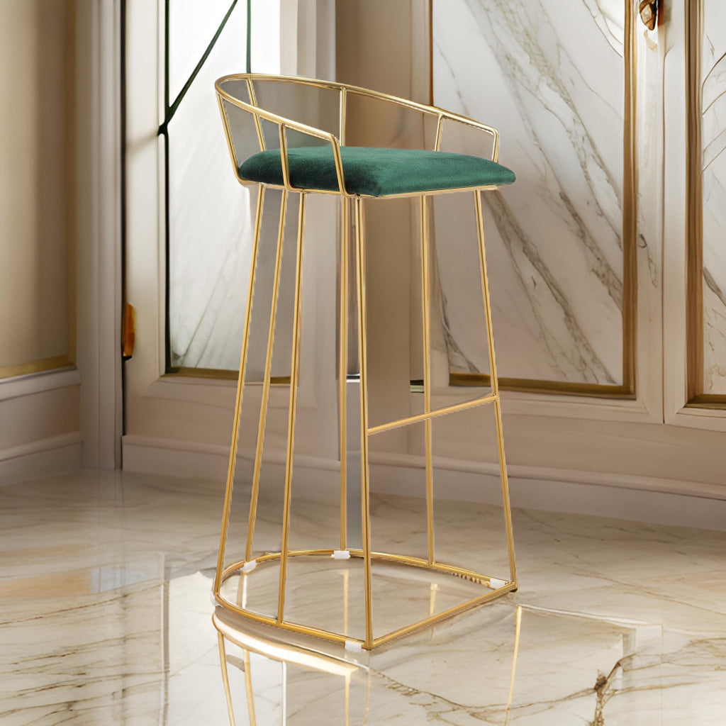 Cato 31 Inch Barstool Chair, Foam, Green Velvet, Gold Steel Open Frame By Casagear Home