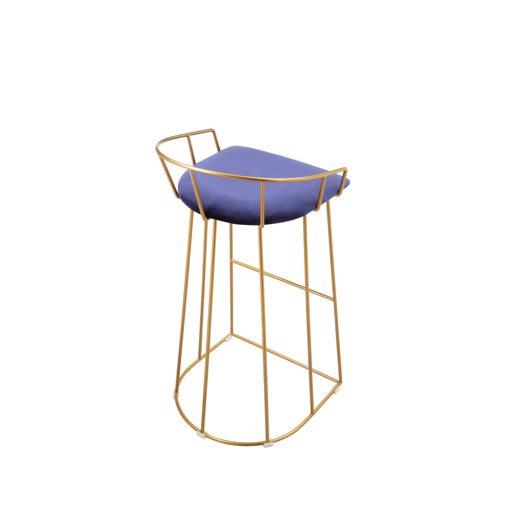 Cato 31 Inch Barstool Chair Foam Navy Blue Velvet Gold Steel Open Frame By Casagear Home BM316946