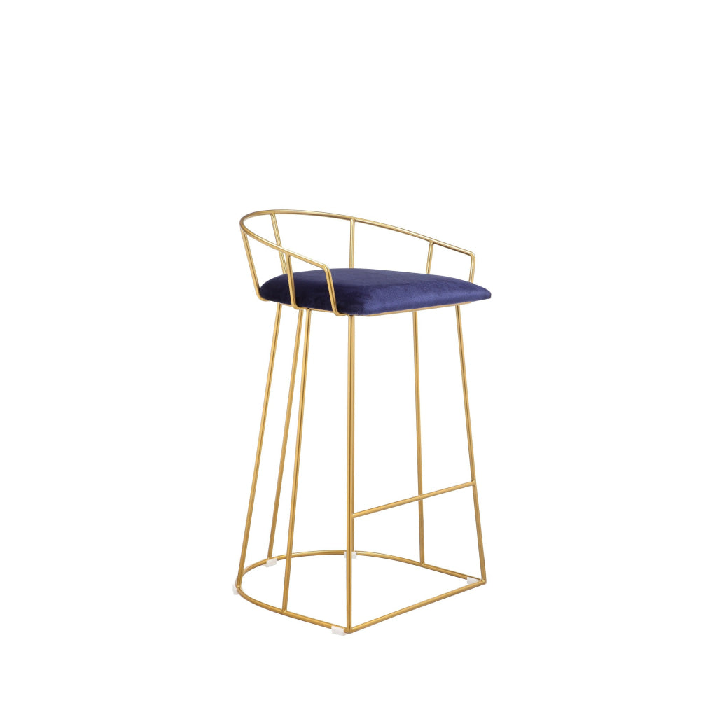 Cato 27 Inch Counter Stool Chair Blue Velvet Gold Steel Open Metal Frame By Casagear Home BM316951