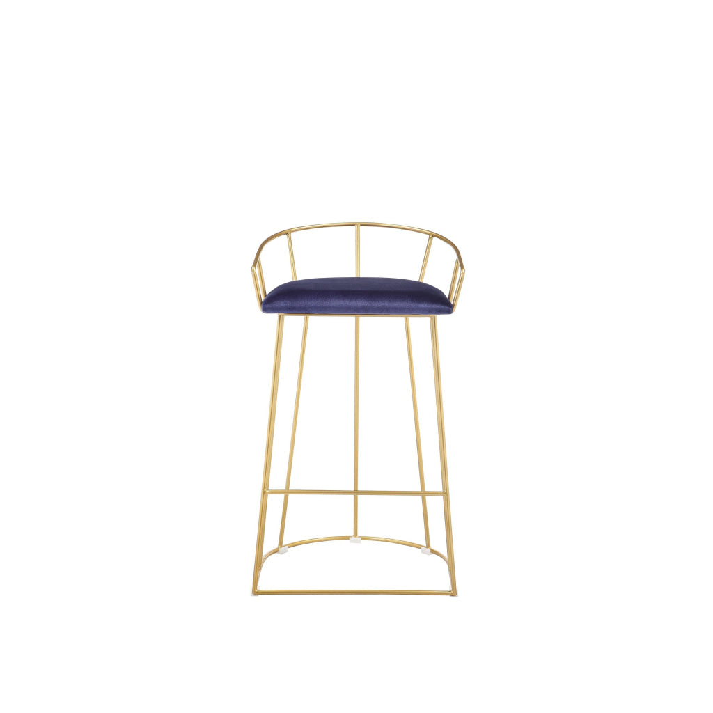 Cato 27 Inch Counter Stool Chair Blue Velvet Gold Steel Open Metal Frame By Casagear Home BM316951