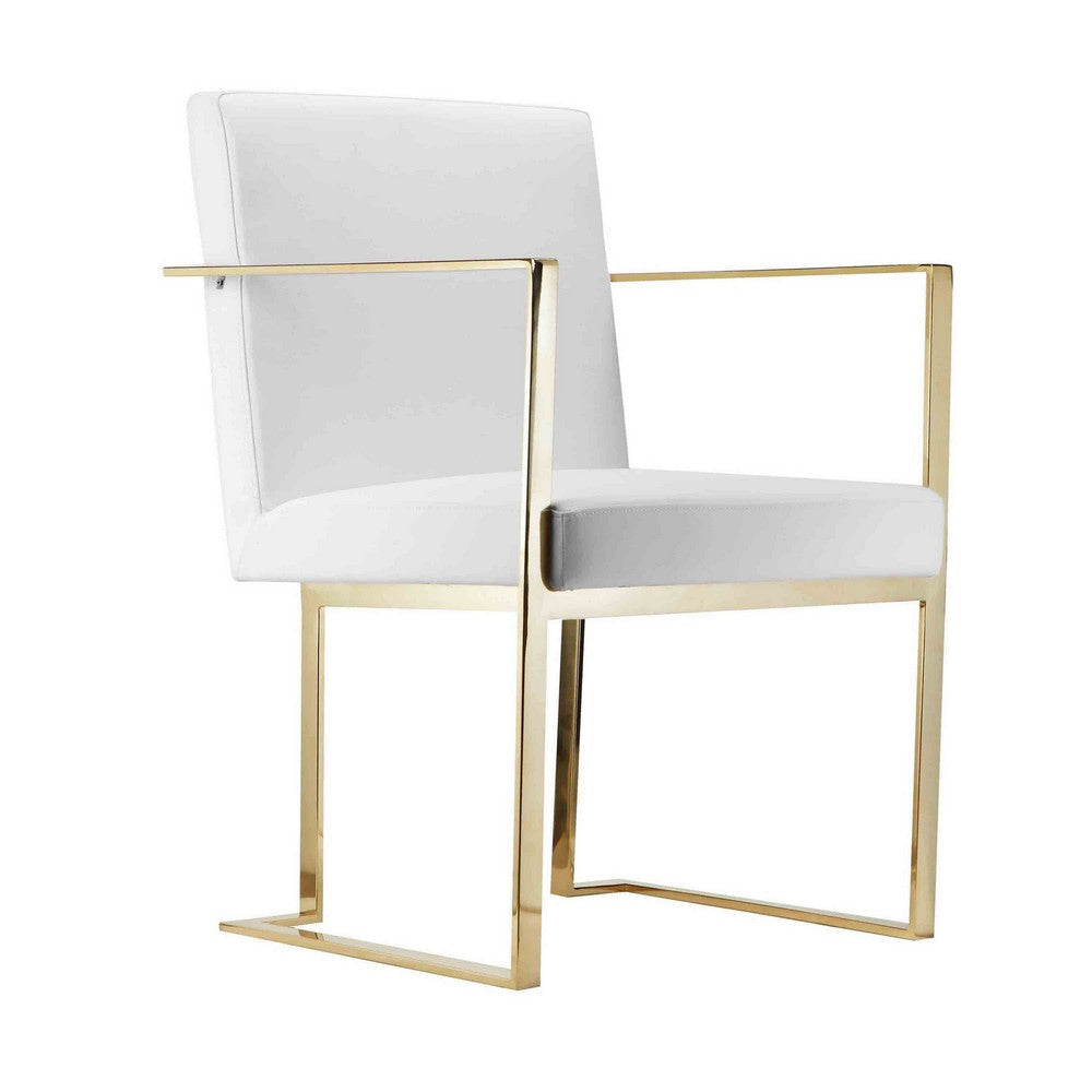 Boly 22 Inch Dining Side Armchair White Faux Leather Gold Steel Frame By Casagear Home BM316955