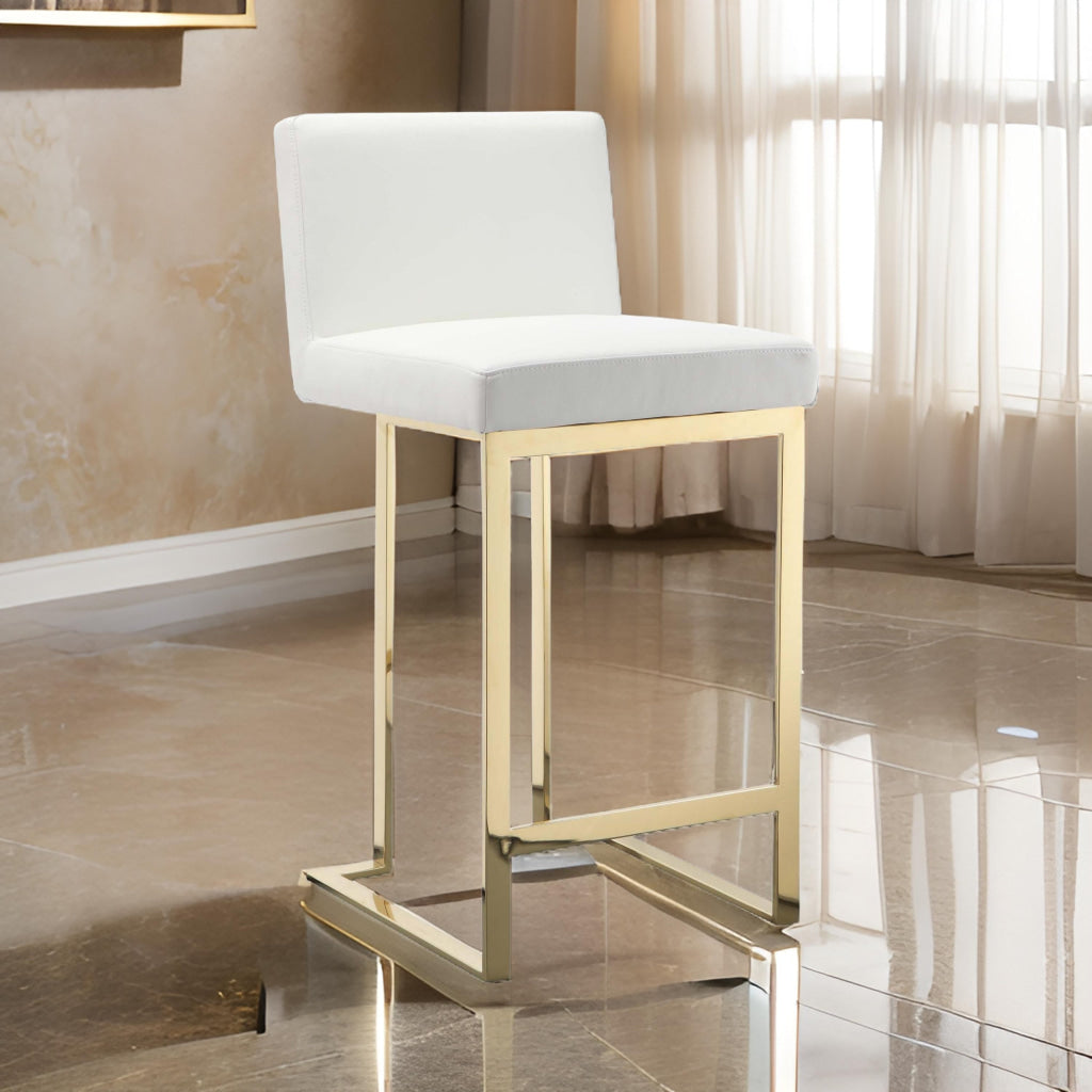 Boly 26 Inch Counter Stool Cushioned White Faux Leather Gold Cantilever By Casagear Home BM316958