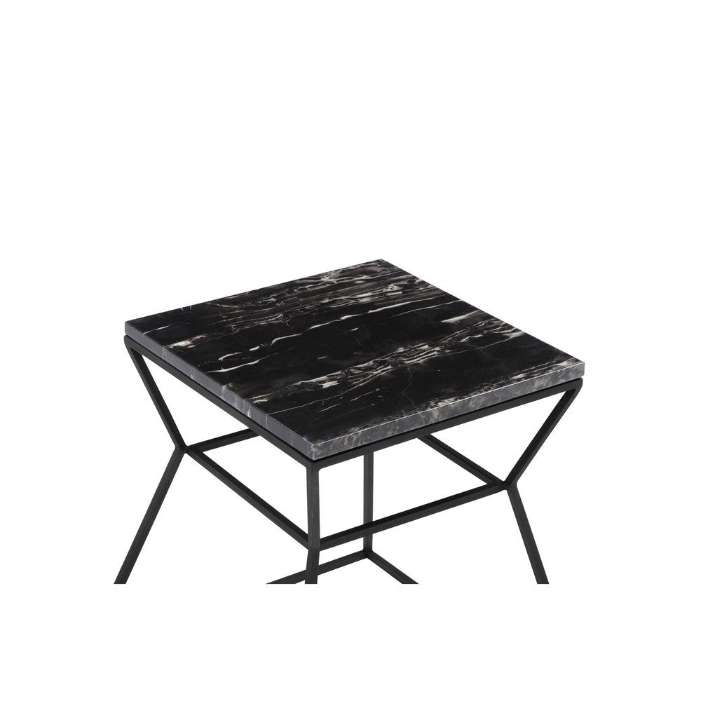 Lio 18 Inch Side End Table Square Marble Top Open Hourglass Frame Black By Casagear Home BM316964