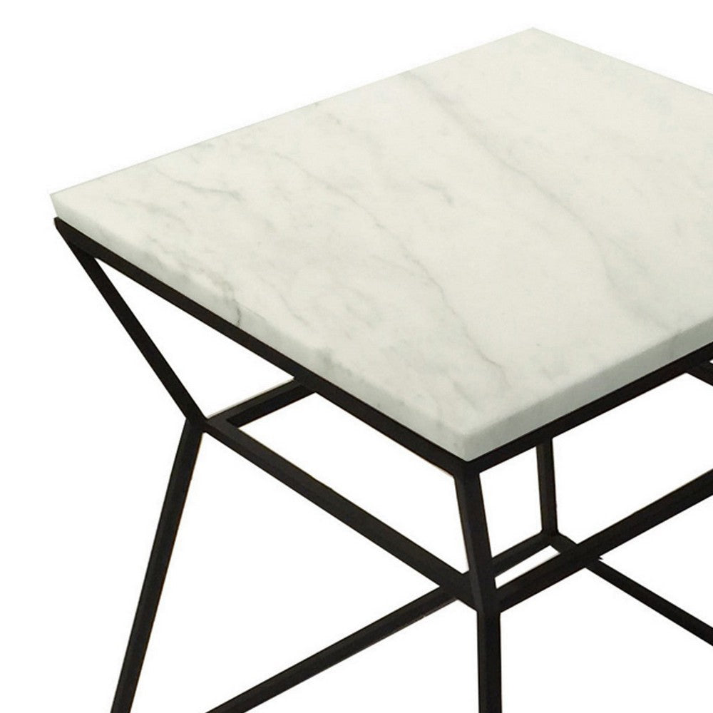 Lio 18 Inch Side End Table White Marble Top Open Hourglass Frame Black By Casagear Home BM316965