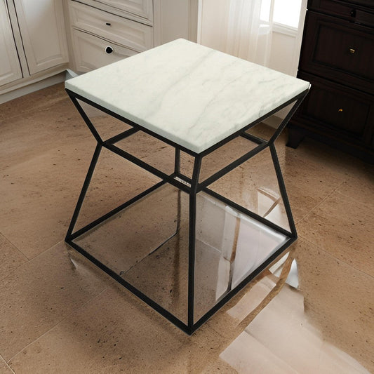 Lio 18 Inch Side End Table, White Marble Top, Open Hourglass Frame, Black By Casagear Home