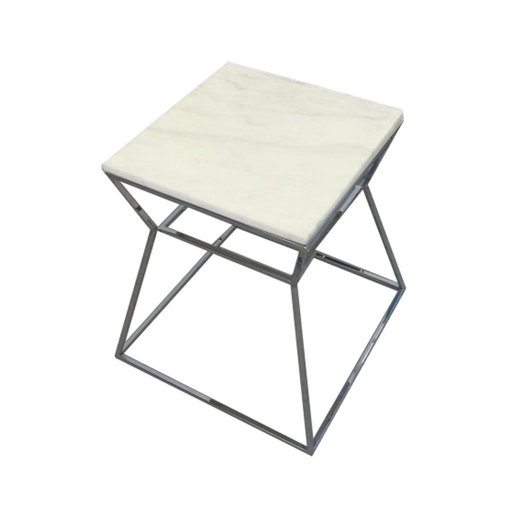 Lio 18 Inch Side End Table White Marble Top Silver Open Hourglass Frame By Casagear Home BM316967