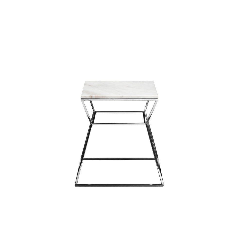 Lio 18 Inch Side End Table White Marble Top Silver Open Hourglass Frame By Casagear Home BM316967