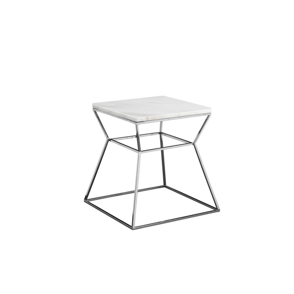 Lio 18 Inch Side End Table White Marble Top Silver Open Hourglass Frame By Casagear Home BM316967