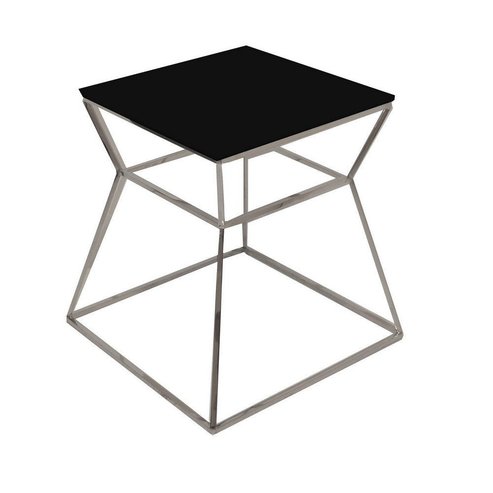 Lio 18 Inch Side End Table Black Glass Top Silver Open Hourglass Frame By Casagear Home BM316968