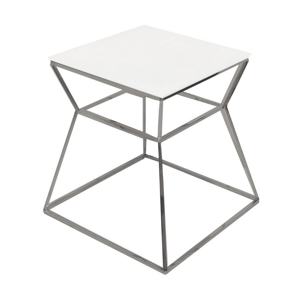 Lio 18 Inch Side End Table White Glass Top Silver Open Hourglass Frame By Casagear Home BM316969