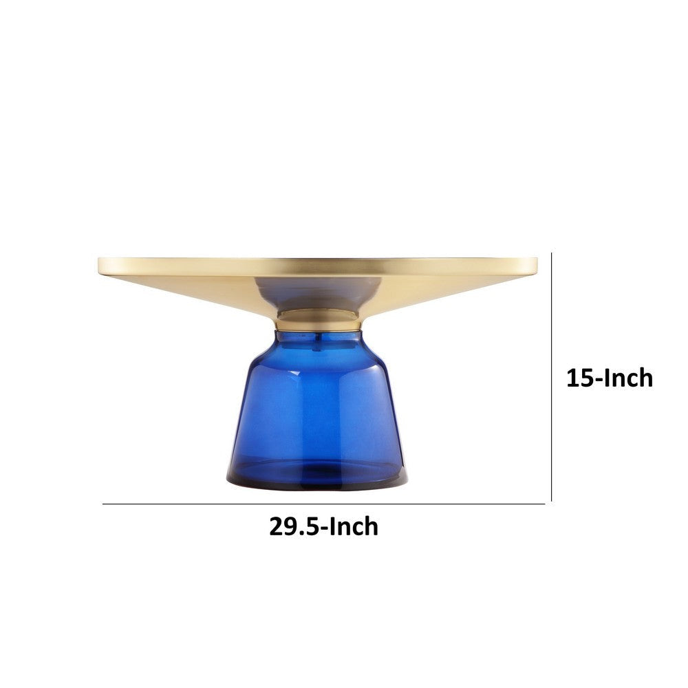 Len 30 Inch Coffee Table Blue Blown Glass Bell Base Funnel Top Gold Steel By Casagear Home BM316976