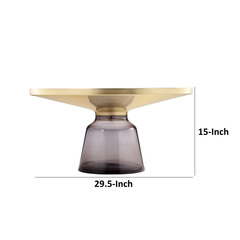 Len 30 Inch Coffee Table Gray Blown Glass Bell Base Funnel Top Gold Steel By Casagear Home BM316977