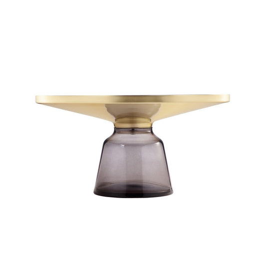 Len 30 Inch Coffee Table, Gray Blown Glass Bell Base, Funnel Top Gold Steel By Casagear Home