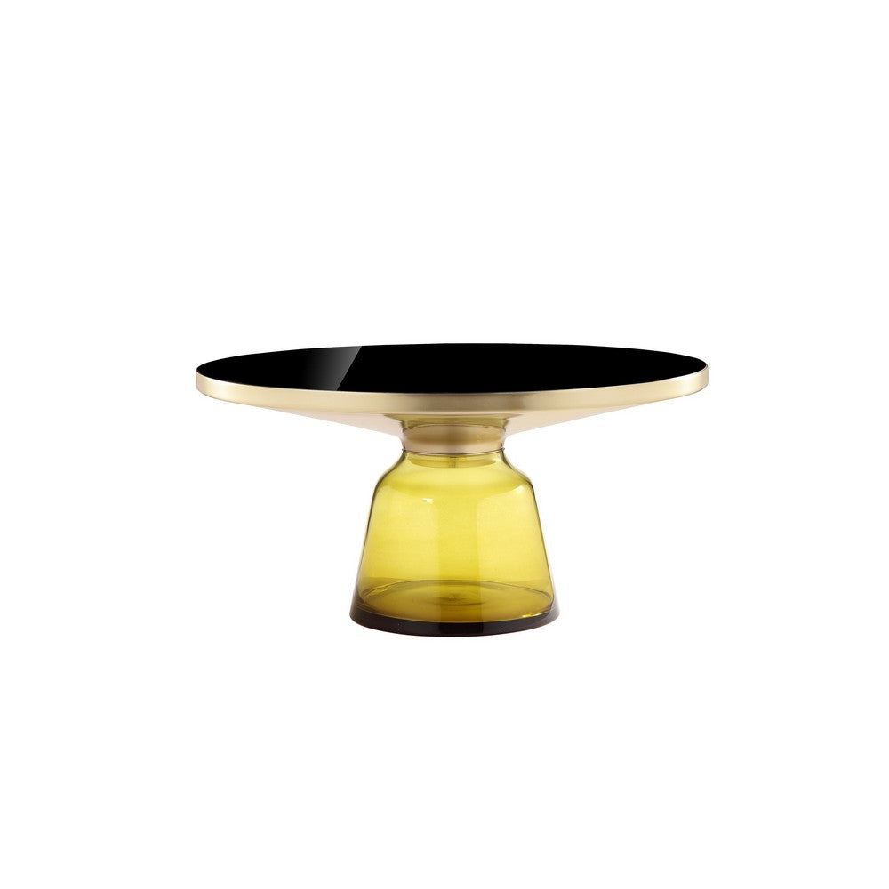 Len 30 Inch Coffee Table Yellow Blown Glass Bell Base Funnel Gold Steel By Casagear Home BM316980