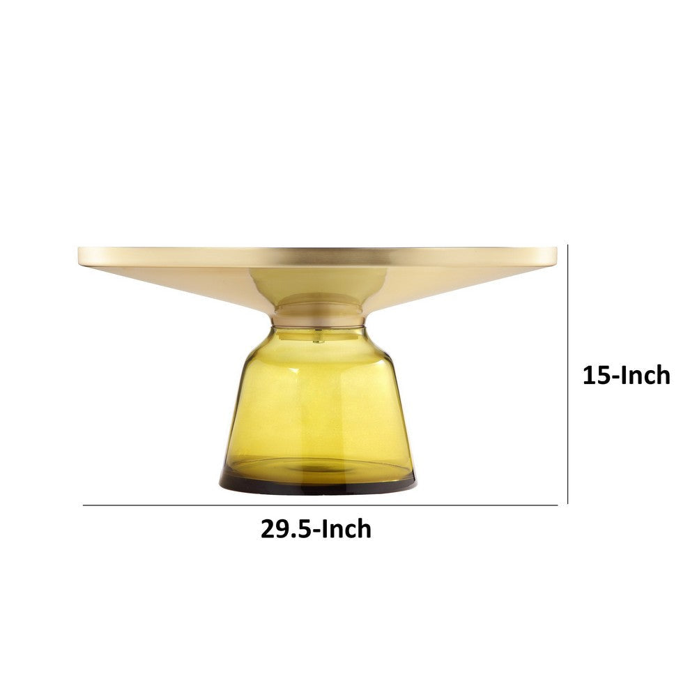 Len 30 Inch Coffee Table Yellow Blown Glass Bell Base Funnel Gold Steel By Casagear Home BM316980