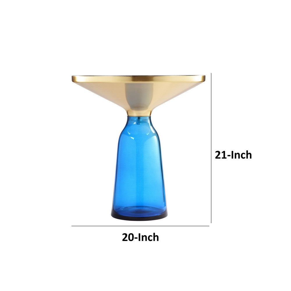 Len 21 Inch Side End Table Blue Blown Glass Base Funnel Top Gold Steel By Casagear Home BM316981