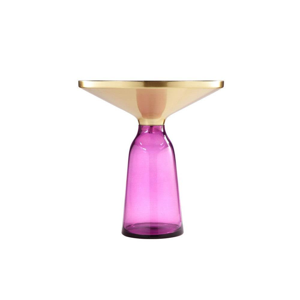 Len 21 Inch Side End Table, Purple Blown Glass Bell Base, Funnel Gold Steel By Casagear Home