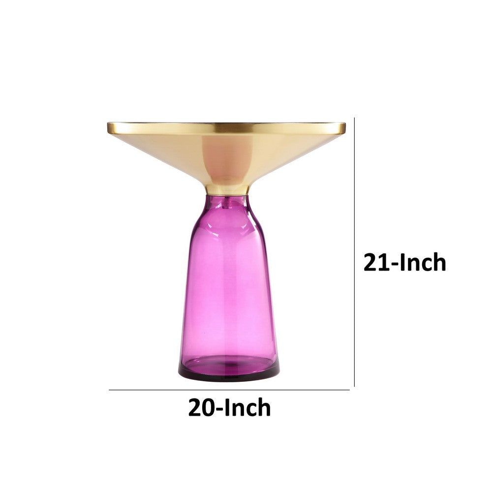 Len 21 Inch Side End Table Purple Blown Glass Bell Base Funnel Gold Steel By Casagear Home BM316984