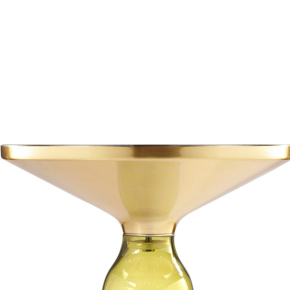 Len 21 Inch Side End Table Yellow Blown Glass Bell Base Funnel Gold Steel By Casagear Home BM316985