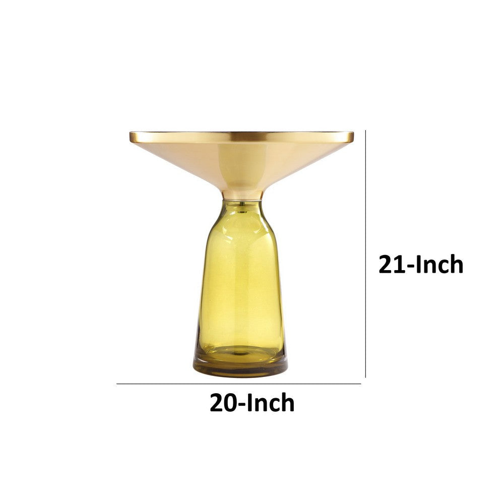 Len 21 Inch Side End Table Yellow Blown Glass Bell Base Funnel Gold Steel By Casagear Home BM316985