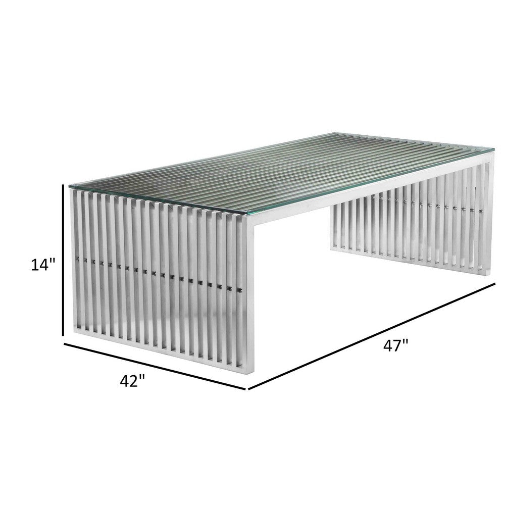 Meza 47 Inch Coffee Table Glass Top Waterfall Slatted Panel Frame Silver By Casagear Home BM316989